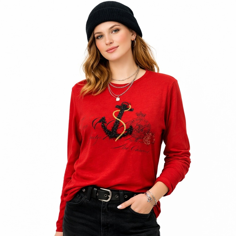 Lauren‎ Jeans Co Womens Shirt Red Long Sleeve Anchor Beaded Anchor Med